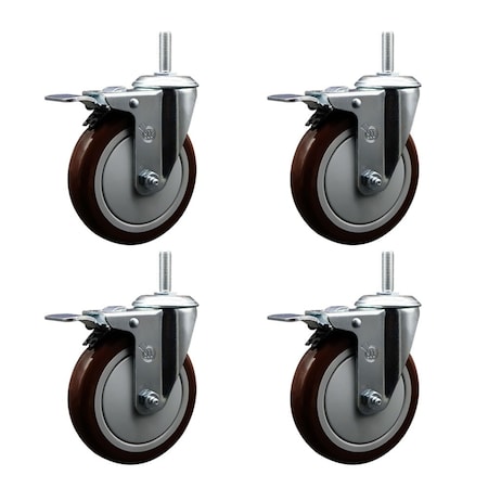 Service Caster 5 Inch Maroon Polyurethane Swivel 34 Inch Threaded Stem Caster Set with Total Lock Brake SCC-TSTTL20S514-PPUB-MRN-34212-4